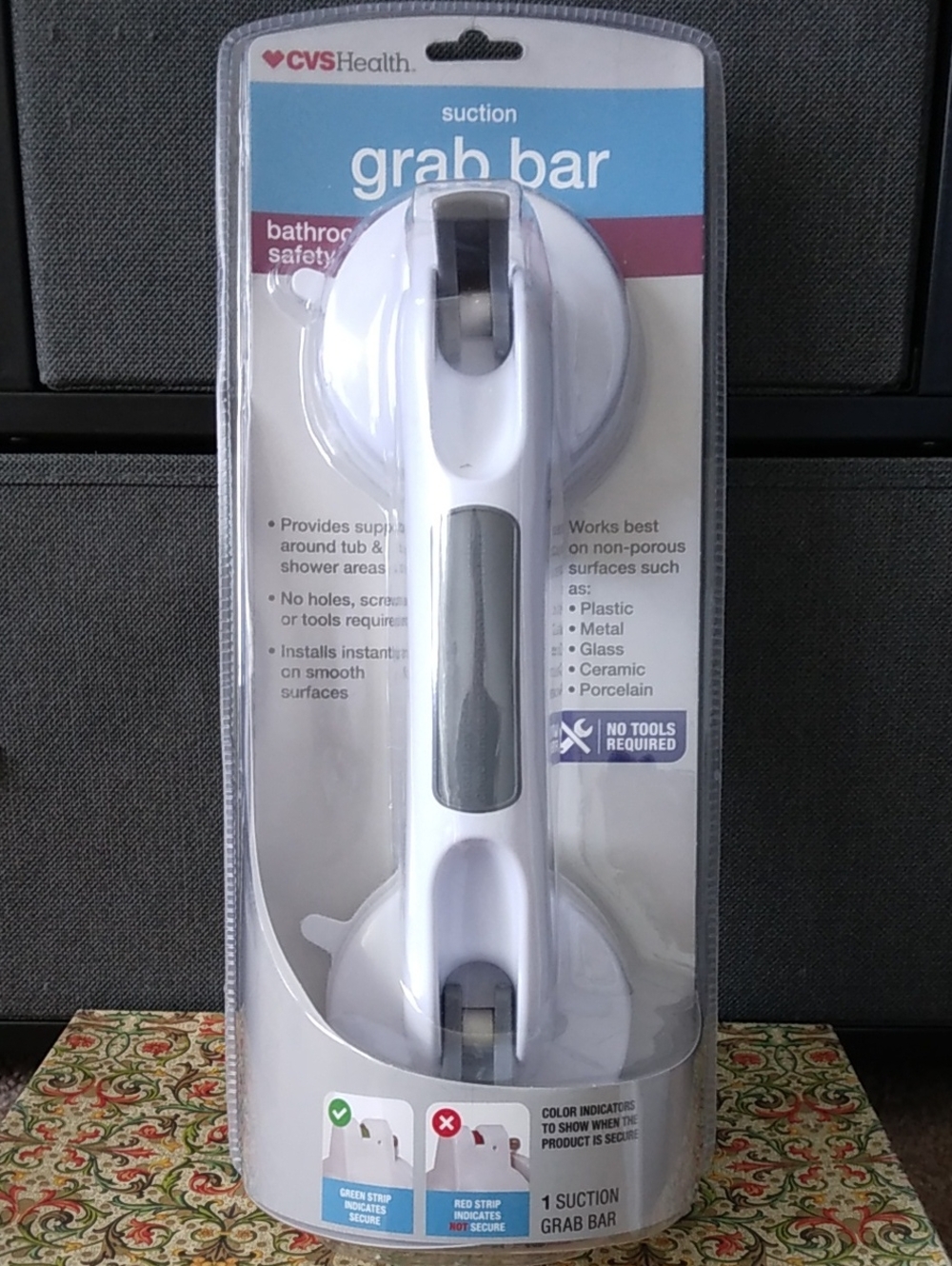 CVS Health Suction Grab Bar 12 Inches White with Gray Grip